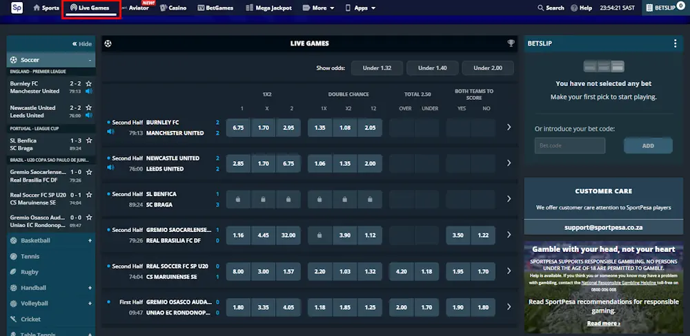 Sportpesa Live Betting Screenshot